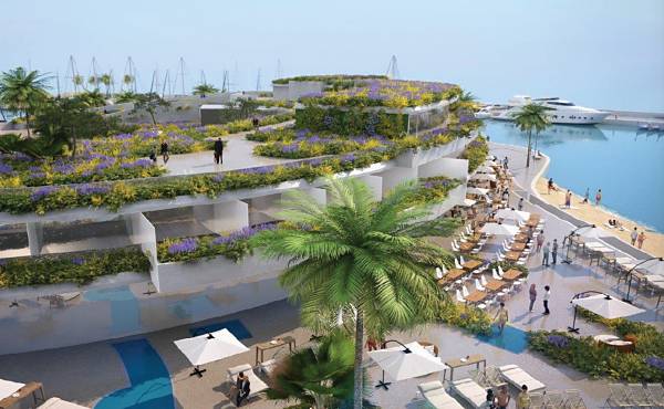 The re-imagined Coeur Marina with lush planting and tiered infrastructure.